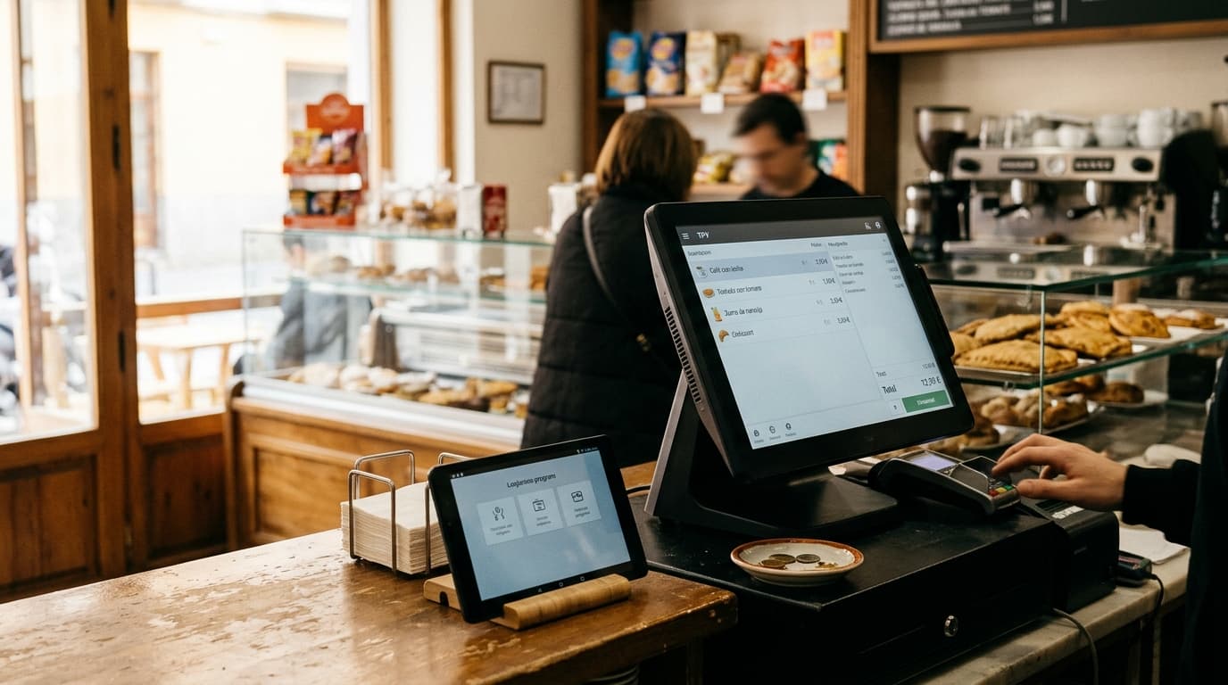 Terminal punto de venta encendido en el mostrador de una cafetería, el sistema con el que muchos negocios facturan de verdad